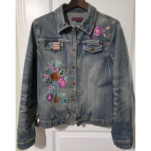 Yuka Jeans Jacket Blue Denim Floral Embroidery Buttons Pockets Size X Large